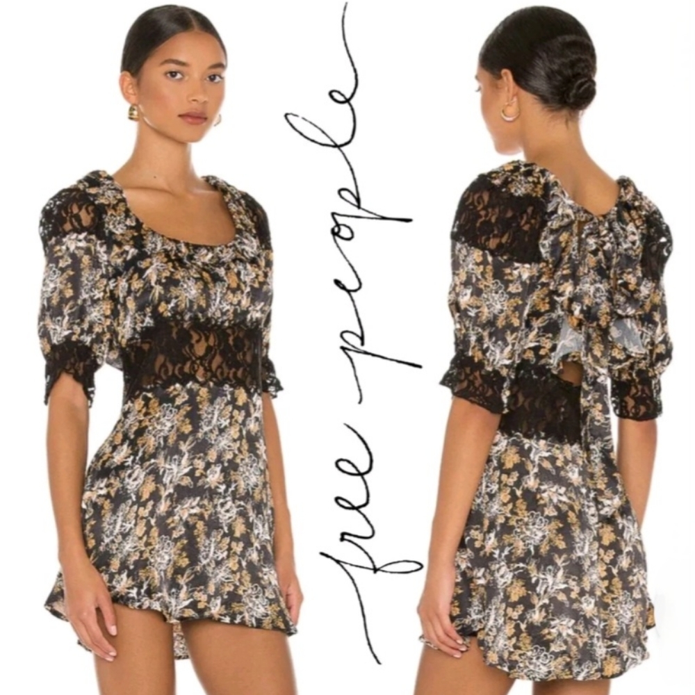 Free People Lucie Mini Brown Black Print Dress Lace Waist Festival Party size 4